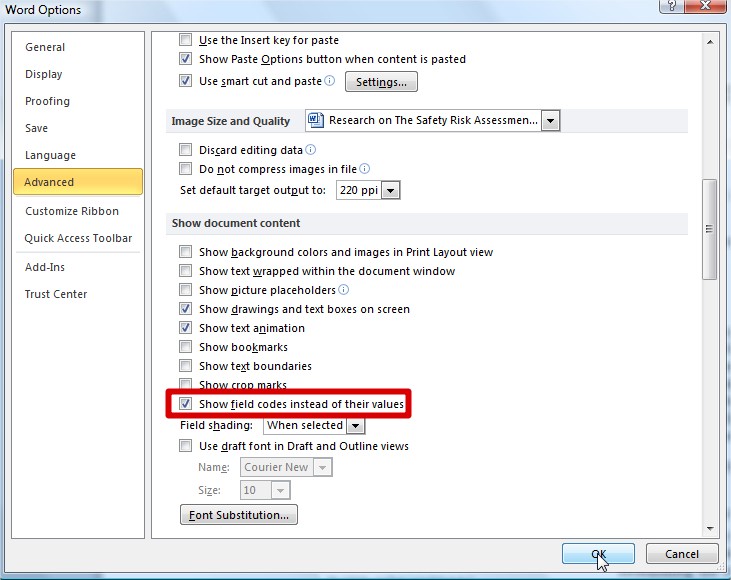 view field codes word